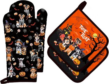 Різдвяний набір із 2 рукавичок для духовки та прихваток Arquiel, 100 бавовняні кулінарні рукавички, термостійкі кухонні рукавички для приготування їжі, різдвяні подарунки на кухню для жінок (Хелловін 02, рукавички для духовки*2 прихватки*2)