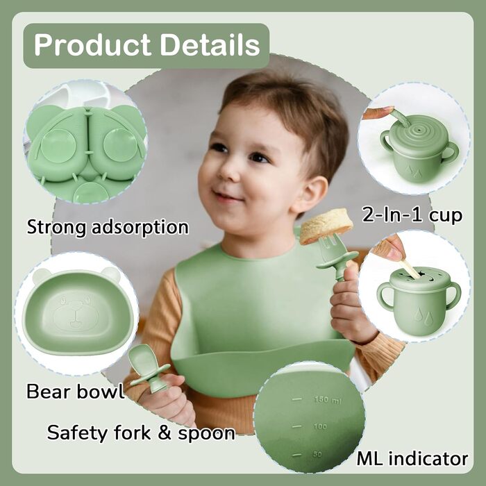 Силіконовий набір дитячого столового посуду Bizcasa з 9 предметів, нековзкий набір дитячого столового посуду, дитячий столовий посуд із присоскою, нековзна дитяча миска, дитяча тарілка, дитячий набір столових приборів для малюків, без BPA (темно-зелений)