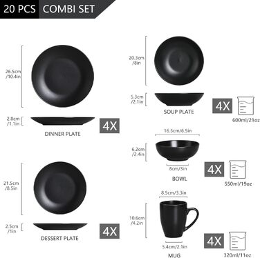 Столовий сервіз з керамограніту, набір посуду vancasso MODA, вінтажний вигляд, комбінований сервіз із 40 предметів з 8 обідніми тарілками, тарілками для тортів, суповими тарілками, мисками та чашками кожна (чорна, комбінована сервіровка 20 шт. )