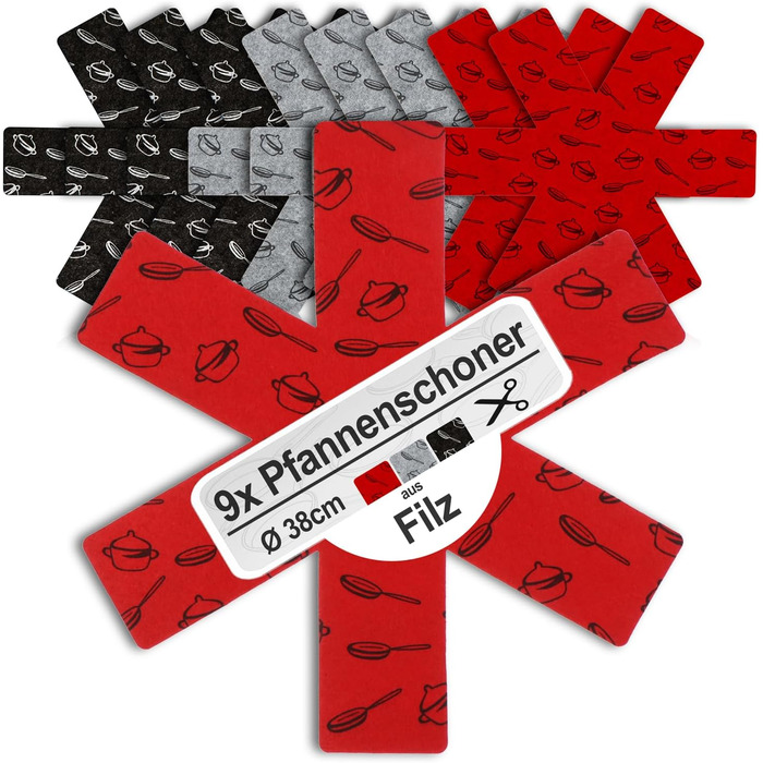 Набір з 9 фетрових підставок під гаряче 38 см, сірий/червоний/чорний Com-Four