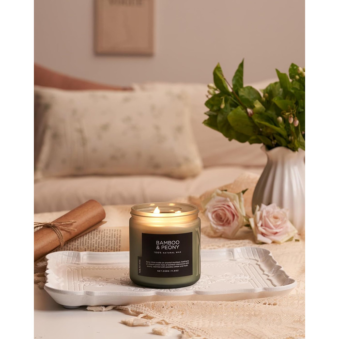 Ароматичні свічки M&SENSE з кавою у скляній банці з 2 гнітами 330 г, час горіння 70 годин, свічка з натурального соєвого воску для спальні, кухні, декору дому, подарункова свічка для чоловіків та жінок, смажена кава (бамбук та півонія)