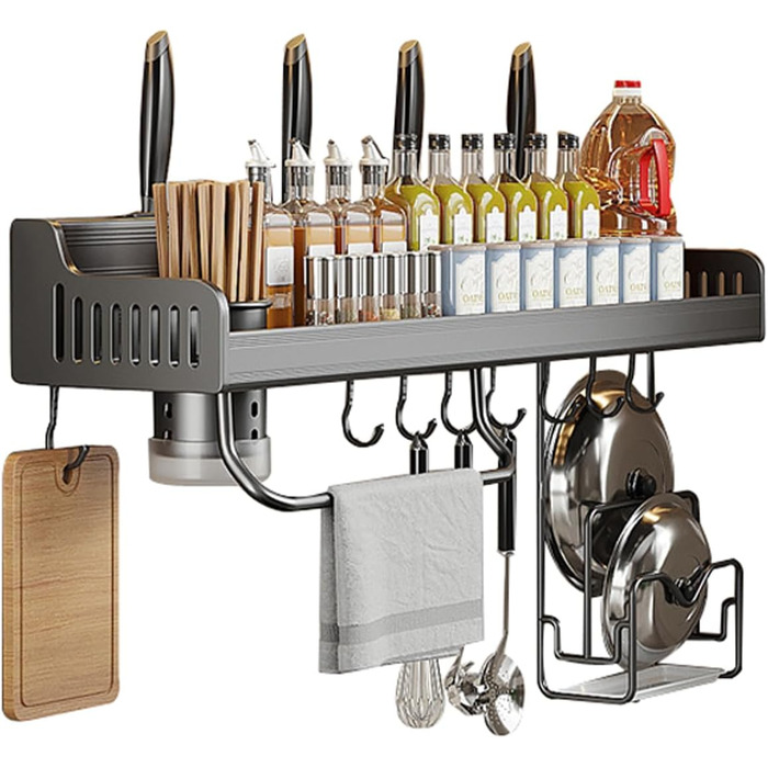 Підвісна підставка для спецій, настінне кріплення, підвісна підставка для горщиків, підставка для кухонного начиння з гачками, кухонна підставка для зберігання (40 см, 2 склянки) (сіра, 50 см 1 склянка)