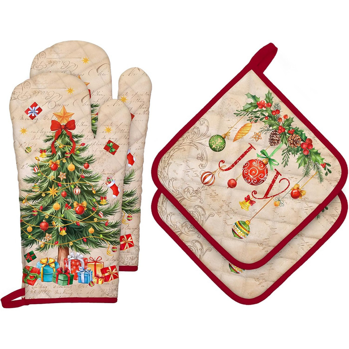 Набір з 2 різдвяних рукавичок для духовки та прихваток Arquiel, 100 бавовняні кулінарні рукавички, термостійкі кухонні рукавички для приготування їжі, різдвяний декор для кухні, подарунки для жінок (різдвяна ялинка 01, рукавички для духовки*2 прихватки*2)
