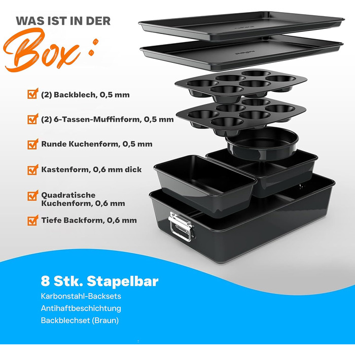 Набір форм для випічки NutriChef - Набір із 8 антипригарних форм для випічки - Без PFOA, PFOS, PTFE, придатний для використання в духовці до 232C - Кругла форма для випічки, форма для хліба, форма для мафінів та форма для дека, придатна для миття в посудо