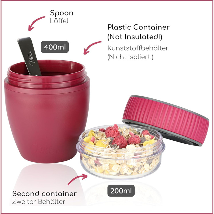 Стаканчик для пластівців Milu 400 мл з назвою MsliMax для йогурту герметичний стаканчик з ложкою (ягідний, пластиковий)