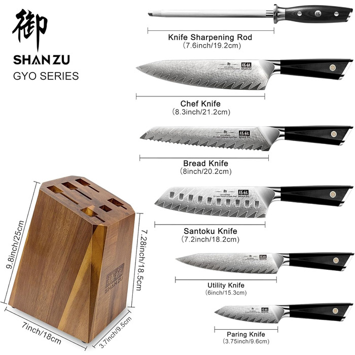 Набір кухонних ножів із дамаської сталі з блоком, 7 предметів GYO SHAN ZU