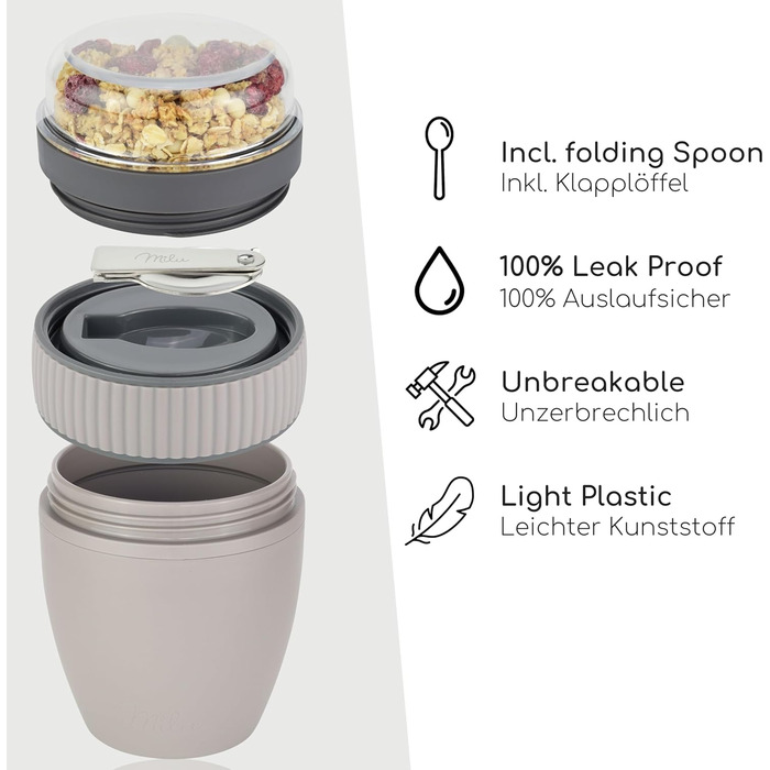 Стаканчик для пластівців Milu на винос 400 мл з назвою MsliMax для йогурту герметичний стаканчик з ложкою (сіро-коричневий, пластик)