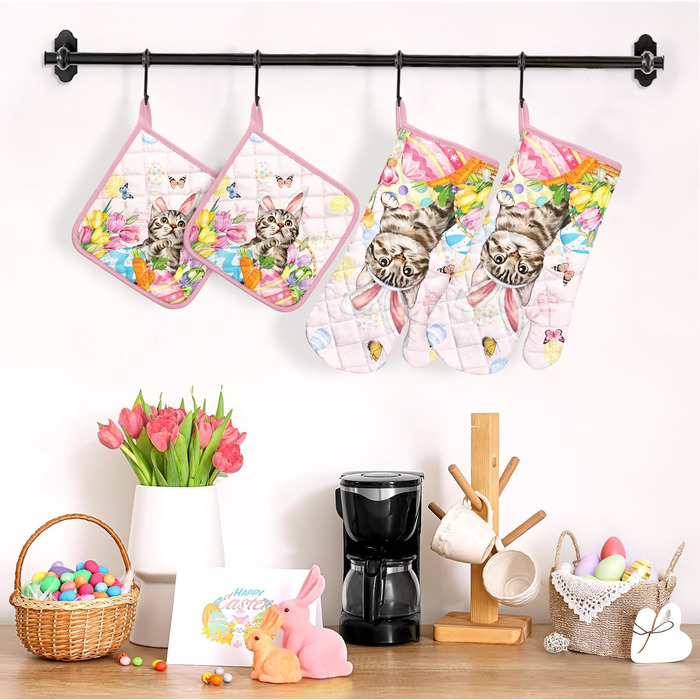 Різдвяний набір із 2 рукавичок для духовки та прихваток Arquiel, 100 бавовняні кулінарні рукавички, термостійкі кухонні рукавички для приготування їжі, різдвяні подарунки на кухню для жінок (Великдень 02, рукавички для духовки*2 прихватки*2)