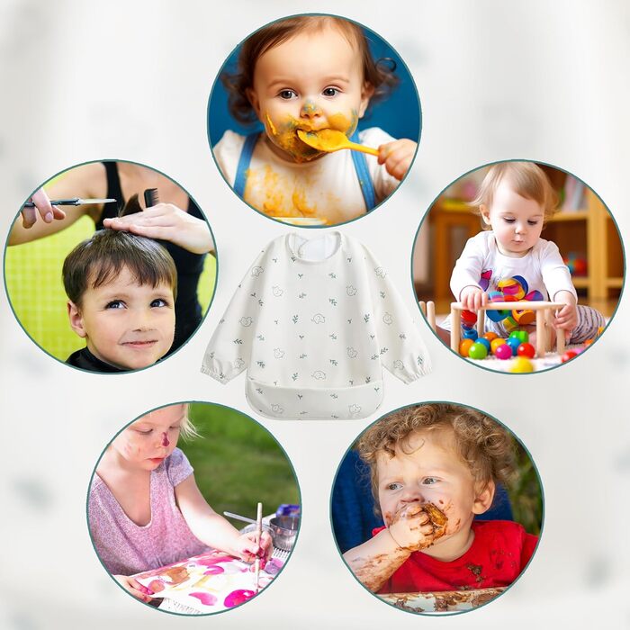 Дитячі нагрудники Little Dimsum з довгими рукавами, водонепроникні дитячі нагрудники, які миються, дитячі нагрудники з кишенею - 2 упаковки для малюків 6-36 місяців (Fox & Mountain (3D-ELEPHONE & NUT)