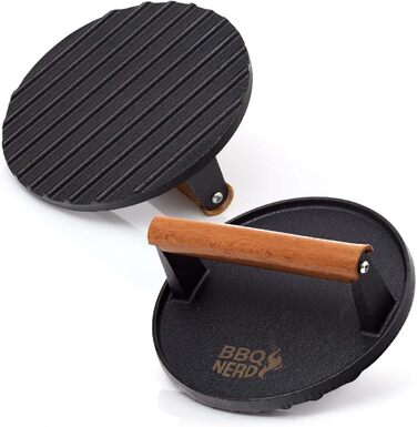 Чавунний прес для м'яса 18 см з дерев'яною ручкою, круглий BBQ Nerd