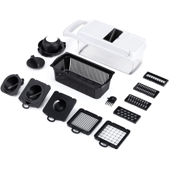 Овочерізка KEOUKE, 12-в-1 овочерізка, подрібнювач, кухонний комбайн з контейнером, захистом для рук, кошиком для зливання води (білий)