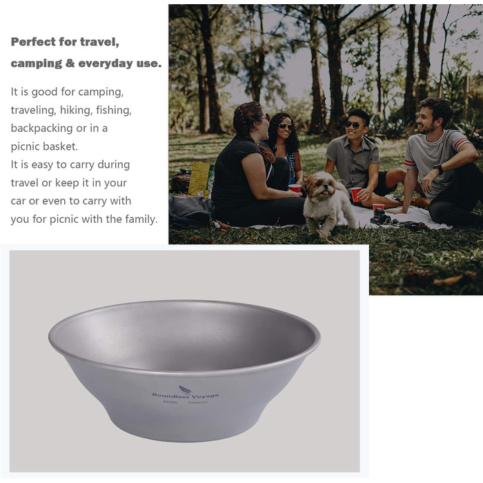 Безграничное путешествие Титановая пластина Тарелка Посуда для кемпинга на открытом воздухе Чаша на открытом воздухе Титановая посуда и приборы Измерительный набор для рюкзака для кемпинга (Ti15164B-U)