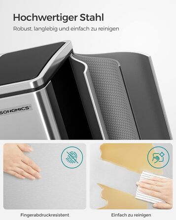 Кухонний контейнер для сміття SONGMICS, 2 x 15 літрів, система розділення сміття, 2 відділення, включаючи 15 мішків для сміття, відро для сміття, відро для сміття з педаллю, перероблені відходи, органічні відходи, кришка з мяким закриттям, LTB30BK (метале