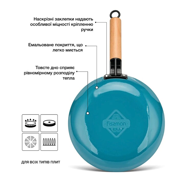 Сковорода для смаження Fissman SEAGREEN 24x4,5 см з дер. ручкою (емальований чавун) (4000)