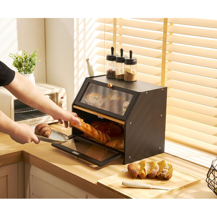 Хлібниця з обробною дошкою з бамбука чорна 39 x 26 x 32,5 см YOUDENOVA