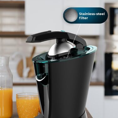 Соковижималка для цитрусових Cecotec Electric Arm 600 Steel. 600 Вт, ситечко з нержавіючої сталі, 2 знімні конуси, важіль, протикрапельна система, можна мити в посудомийній машині (чорний, EssentialVita Hyden)