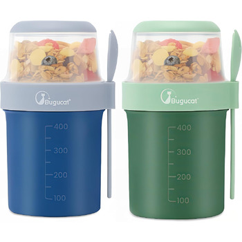 Набір з 2 стаканчиків для пластівців 870 мл з ложкою, синій/зелений Bugucat