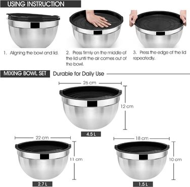 Набір мисок для змішування Herogo з 3 шт. , гніздова миска з нержавіючої сталі з чорними герметичними кришками, металеві миски для салату для приготування їжі, нетоксичні та нержавіючі, придатні для миття в посудомийній машині (4.5/2.7/1.5 QT)