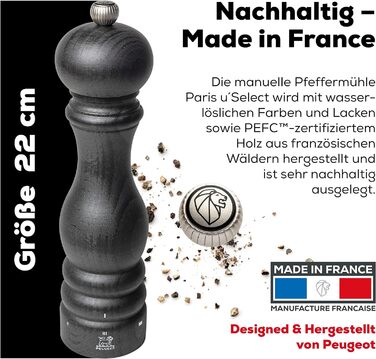Млин для перцю Paris u'Select 22 см - 6 попередньо встановлених помелів - Виготовлений з деревини, сертифікованої PEFC - Французьке ноу-хау - Графітовий млин для перцю