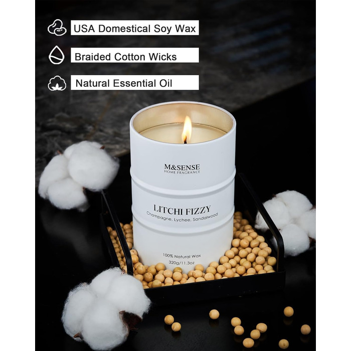 Ароматичні свічки M&SENSE з натурального соєвого воску, натуральна соєва свічка для домашнього декору, тривалий час горіння до 70 годин, класні подарунки для чоловіків та жінок (320 г, лічі, шипучі)