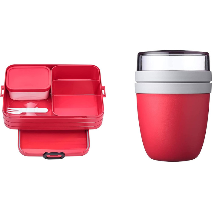 Ланч-бокс с бенто-боксом - На 4 бутерброда или 8 ломтиков хлеба - Ланч-бокс для небольших закусок и остатков еды - Ланч-бокс для взрослых - Продуктовый бокс с отделениями - (Nordic Red, Lunch to go Set)