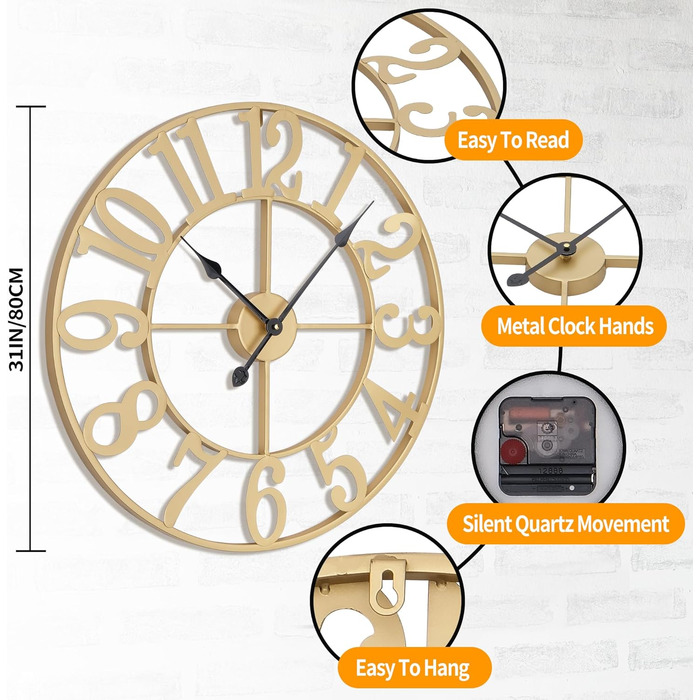 Великі круглі металеві безшумні настінні часи у вінтажному стилі 80 см HAITANG
