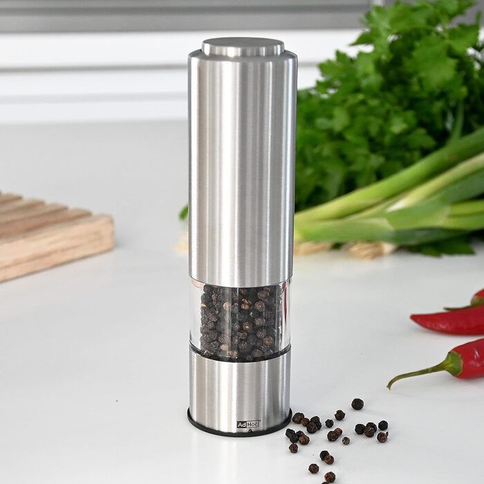 Набір електричних млинів для солі та перцю AdHoc з 2 чорно-білих тропіків з керамічною кавомолкою, регульованою дрібною та грубою, включаючи сіль і перець (нержавіюча сталь)