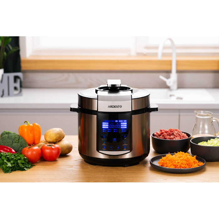 ARDESTO Мультиварка-скороварка MPC-P225, 900Вт, чаша-5л, электр. управление, книга рецептов, нерж. сталь+пластик, серебристая