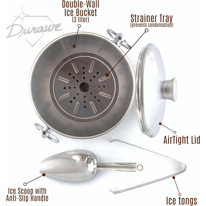 Ведро для льда 3 л с крышкой, совком и щипцами для льда Durawe Company