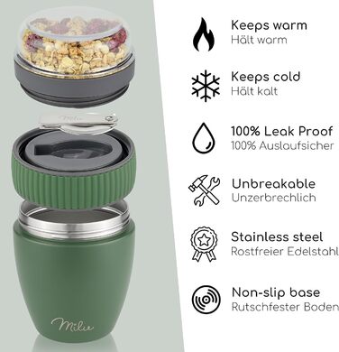 Стаканчик для пластівців Milu 400 мл з назвою MsliMax для йогурту герметичний стаканчик з ложкою (оливково-зелений, нержавіюча сталь)