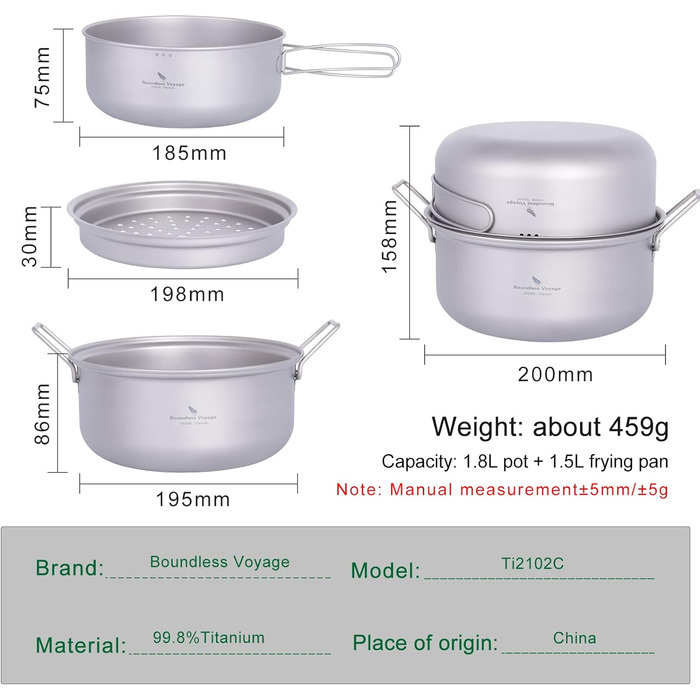 Кемпінг Пароварка Каструля Титановий бульйон Набір сковорідок Посуд для подорожей на відкритому повітрі Ультралегка каструля для супу Портативний набір для пікніка для походів зі складною ручкою (1.8-літровий паровий горщик і 1.5-літровий набір каструль T