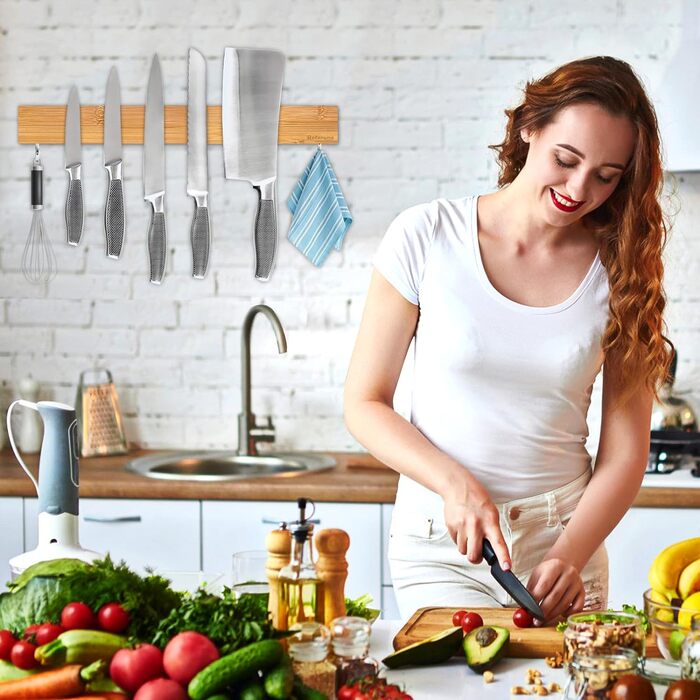 Тримач ножа магнітний з 2 гачками, 40 см дерев'яний з надсильним магнітом (бамбук) Rekehome