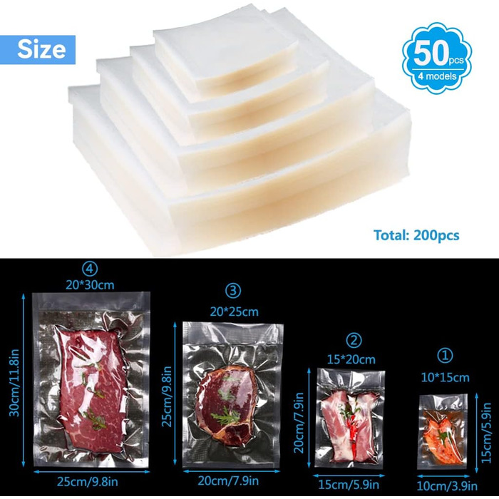 Вакуумні пакети 200 пакетів 10 x 15/15 x 20/20 x 25/20 x 30 см Taipintee