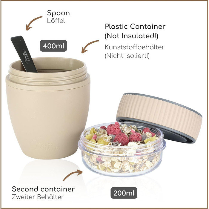 Стаканчик для пластівців Milu 400 мл з назвою MsliMax для йогурту герметичний стаканчик з ложкою (коричневий, пластиковий)