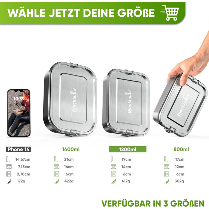 Коробка для обіду Blockhtte Premium із нержавіючої сталі I 1400 мл I Включає змінний ущільнювач і 2 розділювачі I Покращена коробка для обіду є герметичною та легко миється I Для дітей і дорослих (1200 мл)