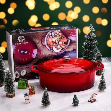 Чавунна сковорода Vancasso, чавунна каструля з кришкою, емальоване покриття об&39ємом 5 л, індукційна каструля, каструля, чавунна сковорода для всіх типів плит, підходить для індукції, кругла, кремово-біла, 5 л біла (червона, 37 см)