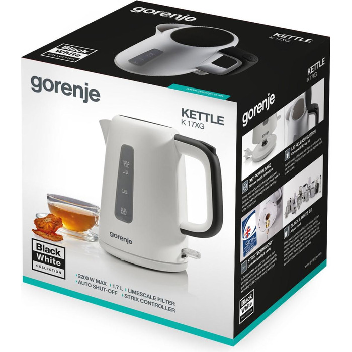 Gorenje Электрочайник 1.7л, Strix контроль, пластик, белый