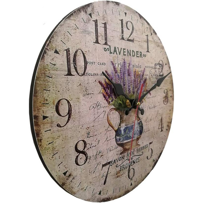 Настінний кухонний годинник YOAI, вінтажний шаббі-шик, антикварний, ностальгічний, сільський, кварцовий годинник з МДФ з безшумним механізмом, 12 дюймів/30 см Ø (лаванда в горщику)