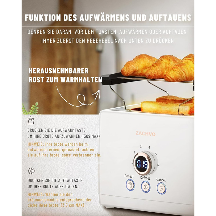 Тостер на 2 скибочки, тостер ZACHVO з підігрівом булочок, 6 рівнів підрум&39янювання, 850 Вт, знімний піддон для крихт, світлодіодний екран, високий підйом, розігрів, розморожування, функція скасування