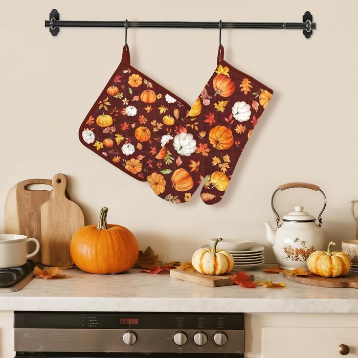 Набір з 2 різдвяних рукавиць для духовки та підставки для каструль Arquiel, 100 бавовняні кулінарні рукавички, термостійкі кухонні рукавички для приготування їжі, різдвяні подарунки для жінок (гарбуз, рукавичка для духовки підставка для каструль)