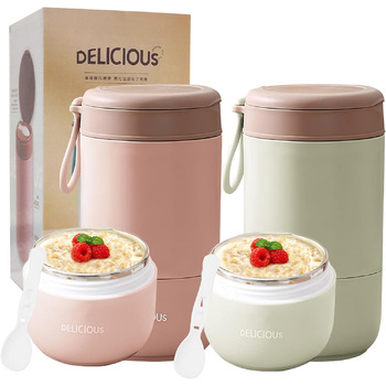 Стаканчик для пластівців Chedin з кришкою, стаканчик для каші з нержавіючої сталі 730 мл, герметичний стаканчик для йогурту з ложкою та кришкою, двошарові герметичні банки для консервування, ідеально підходять для роботи (рожевий зелений)