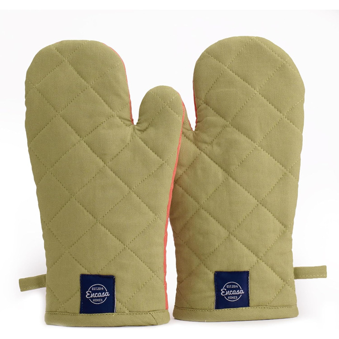 Рукавички для духовки та мікрохвильової печі Encasa Homes Extra Long (2 шт.) для кухні - Силіконові, сріблясті, термостійкі - Захищають руки від гарячого обладнання - (17x29 см, шавлія та корал)