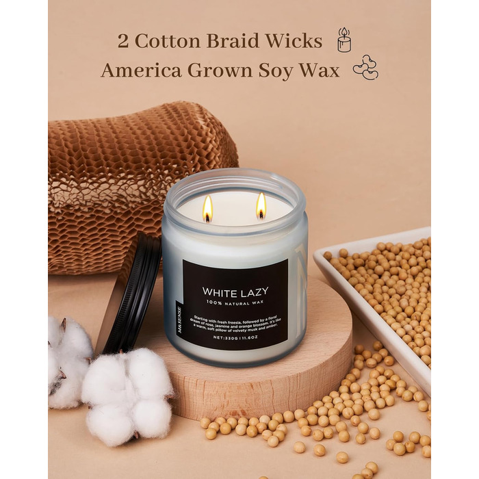 Ароматичні свічки M&SENSE з кавою у скляній банці з 2 гнітами 330 г, час горіння 70 годин, свічка з натурального соєвого воску для спальні, кухні, декору дому, подарункова свічка для чоловіків та жінок, смажена кава (біла лінива)