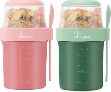 Набір з 2 стаканчиків для пластівців 870 мл з ложкою, рожевий/зелений Bugucat