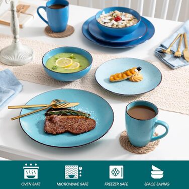 Столовий сервіз з керамограніту, набір посуду vancasso MODA, вінтажний зовнішній вигляд, комбінований сервіз із 40 предметів з 8 обідніми тарілками, тарілками для тортів, суповими тарілками, мисками та чашками кожна (синій колір, комбінований сервіз 16 шт