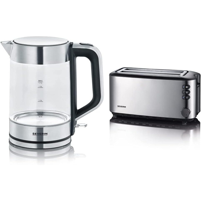 Скляний чайник SEVERIN з об'ємом наповнення 1,7 л XXL, потужний і компактний чайник в якісному дизайні, електрочайник з фільтром від накипу, 2200 Вт, скло з нержавіючої сталі, WK 3420 (комплект з тостером, 1 400 Вт)