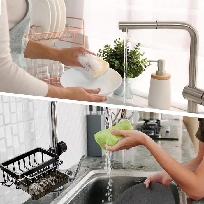 Тримач для губки для кухонного змішувача - Багатофункціональний органайзер для раковини Кошик-кран для зберігання губок, рушників для посуду та щіток Міцний дизайн з алюмінію та ABS-пластику Ідеально підходить для зберігання у ванній кімнаті (чорний)