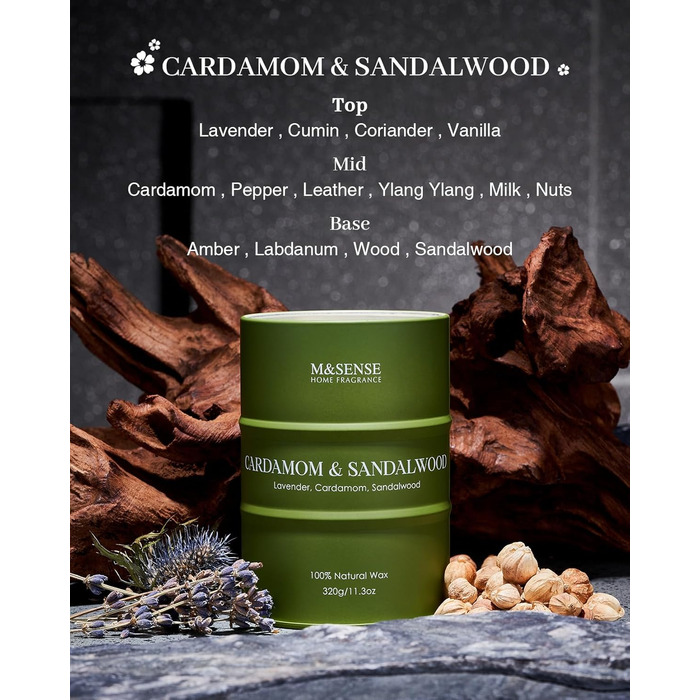 Ароматичні свічки M&SENSE з натурального соєвого воску, натуральна соєва свічка для домашнього декору, тривалий час горіння до 70 годин, класні подарунки-свічки для чоловіків і жінок (320 г, кардамон)