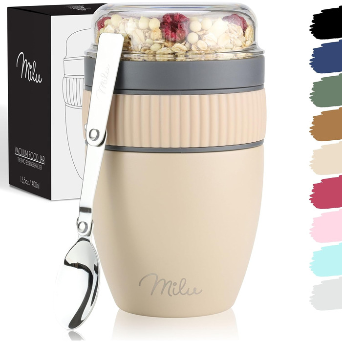 Стаканчик для пластівців Milu на винос 400 мл з назвою MsliMax для йогурту герметичний стаканчик з ложкою (бежевий, нержавіюча сталь)