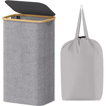 Кошик для білизни Lifewit 100 л з кришкою, кошик для білизни з бамбуковими ручками та знімним мішком для білизни, великий складаний кошик для білизни для спальні, ванної кімнати, гуртожитку, пральні, світло-сірий